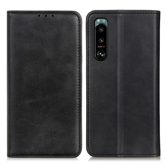 Auto-absorbed Split Leather Wallet Phone Cover with Stand Shell for Sony Xperia 5 III 5G - Black - 1