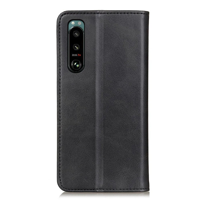 Auto-absorbed Split Leather Wallet Phone Cover with Stand Shell for Sony Xperia 5 III 5G - Black - 3