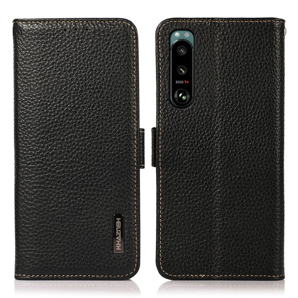 KHAZNEH Litchi Texture Genuine Leather RFID Blocking Well-Protected Phone Case with Anti-theft Swiping Design for Sony Xperia 5 III 5G - Black - 1