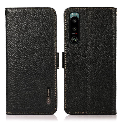 KHAZNEH Litchi Texture Genuine Leather RFID Blocking Well-Protected Phone Case with Anti-theft Swiping Design for Sony Xperia 5 III 5G - Black - 1