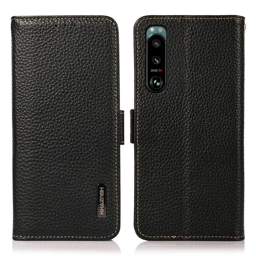 KHAZNEH Litchi Texture Genuine Leather RFID Blocking Well-Protected Phone Case with Anti-theft Swiping Design for Sony Xperia 5 III 5G - Black - 1
