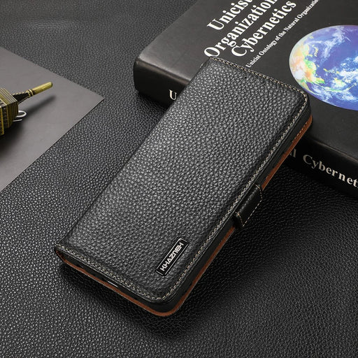 KHAZNEH Litchi Texture Genuine Leather RFID Blocking Well-Protected Phone Case with Anti-theft Swiping Design for Sony Xperia 5 III 5G - Black - 2