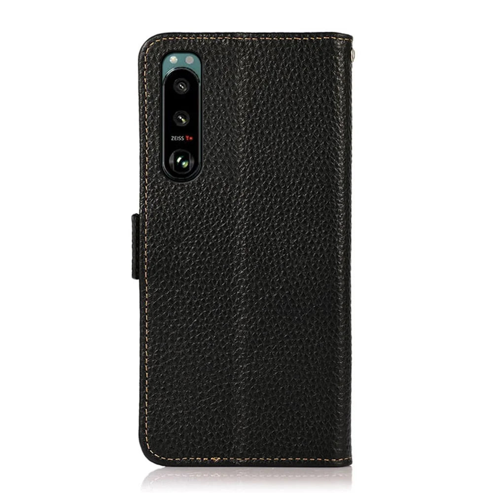 KHAZNEH Litchi Texture Genuine Leather RFID Blocking Well-Protected Phone Case with Anti-theft Swiping Design for Sony Xperia 5 III 5G - Black - 7