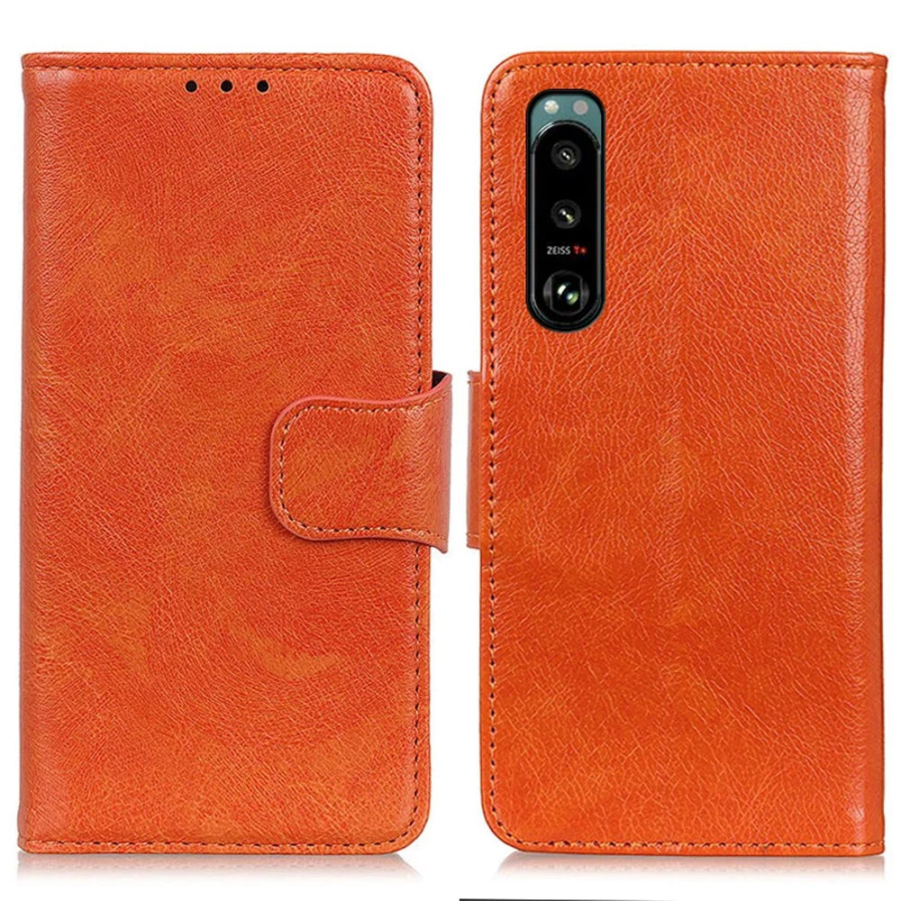 Full-Protection Nappa Texture Wallet Design Split Leather Stand Phone Cover Shell for Sony Xperia 5 III 5G - Orange - 1