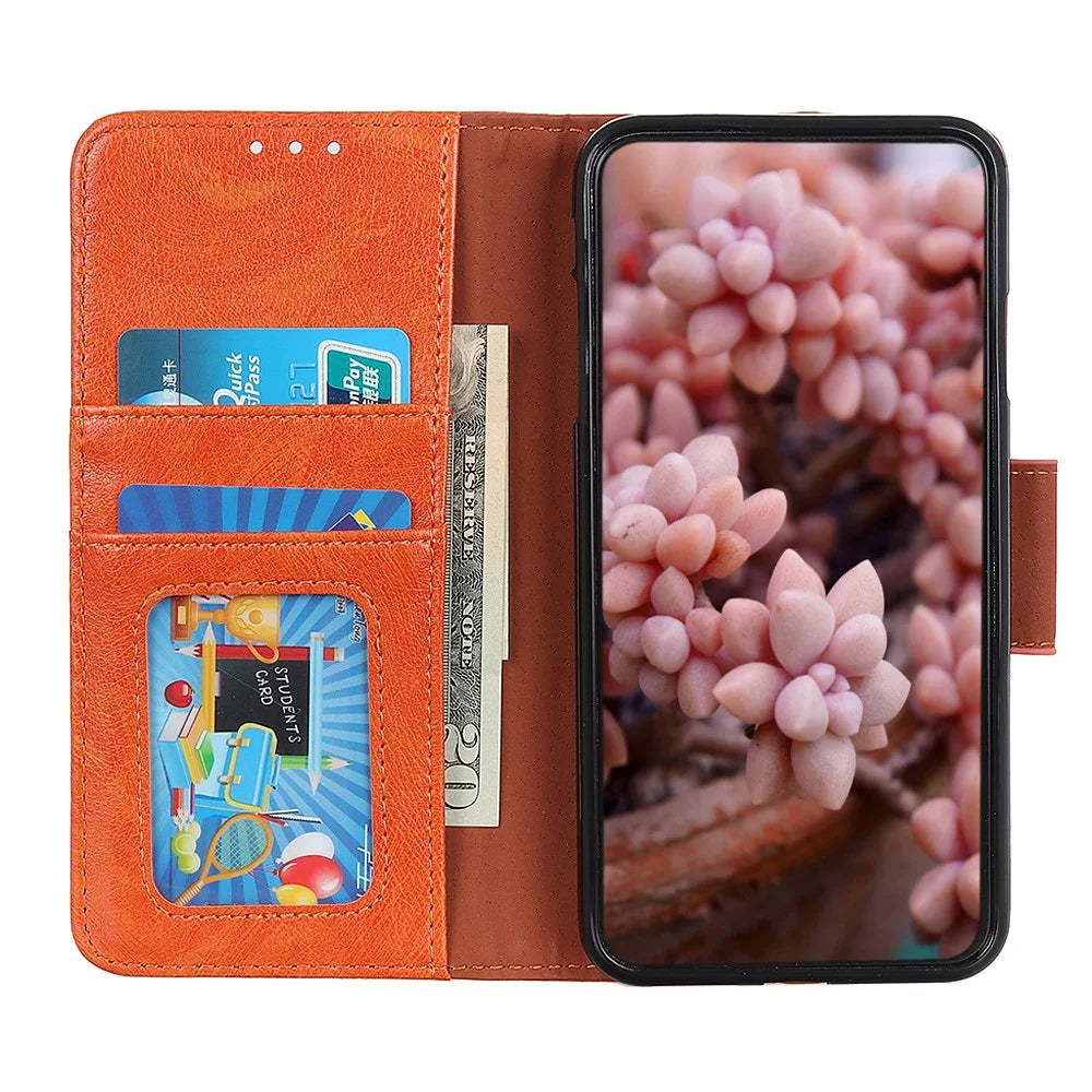 Full-Protection Nappa Texture Wallet Design Split Leather Stand Phone Cover Shell for Sony Xperia 5 III 5G - Orange - 5
