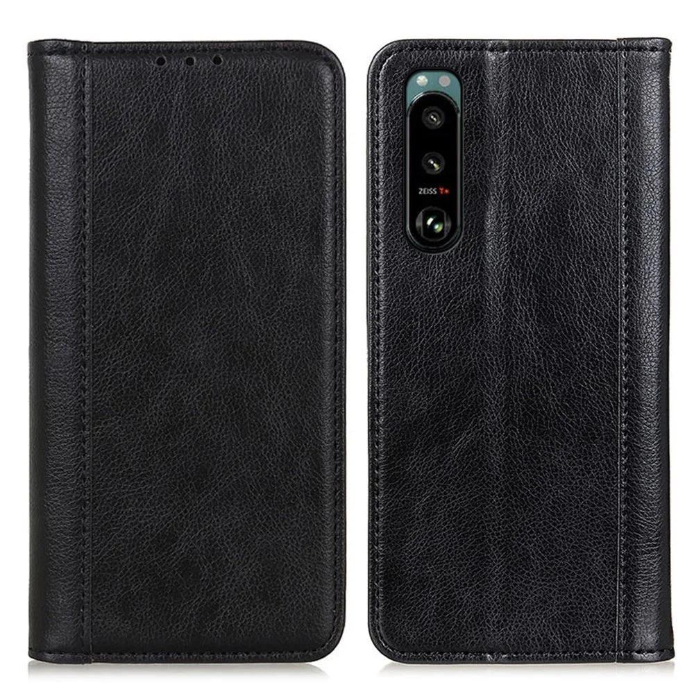 Auto-absorbed Litchi Texture Split Leather Case Stand Cover with Wallet for Sony Xperia 5 III 5G - Black - 1