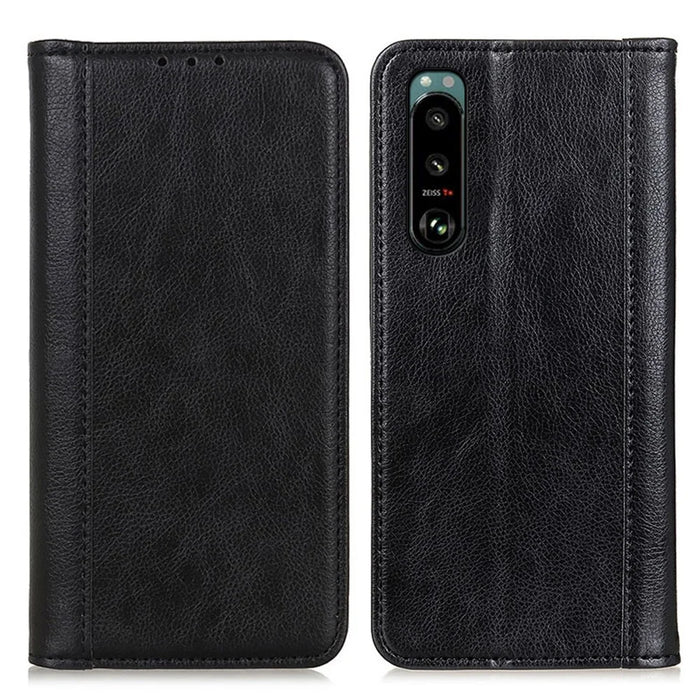 Auto-absorbed Litchi Texture Split Leather Case Stand Cover with Wallet for Sony Xperia 5 III 5G - Black - 1