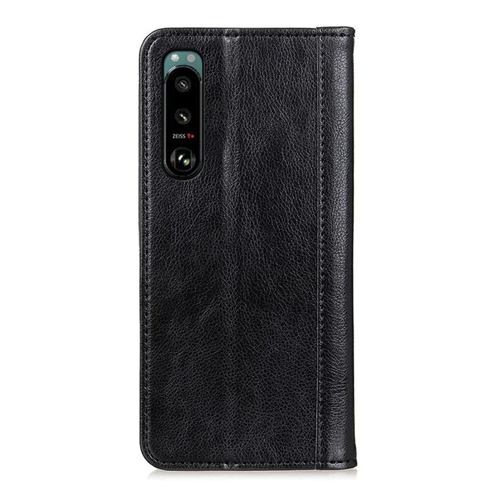 Auto-absorbed Litchi Texture Split Leather Case Stand Cover with Wallet for Sony Xperia 5 III 5G - Black - 7