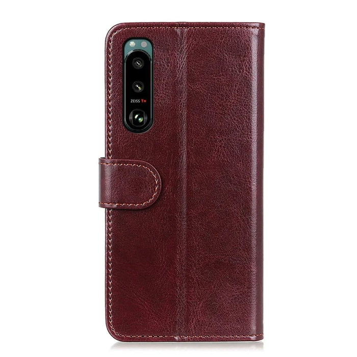 Crazy Horse Texture Leather Wallet Stand Cellphone Shell Case for Sony Xperia 5 III 5G - Brown - 5