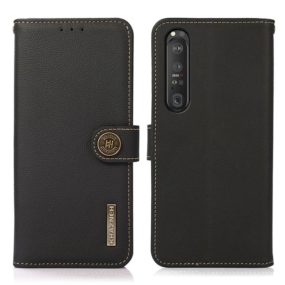 KHAZNEH Textured Genuine Leather Phone Shell Case with RFID Anti-theft Swiping Design for Sony Xperia 1 III 5G - Blue - 1