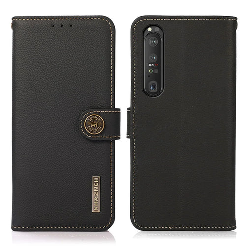 KHAZNEH Textured Genuine Leather Phone Shell Case with RFID Anti-theft Swiping Design for Sony Xperia 1 III 5G - Blue - 1