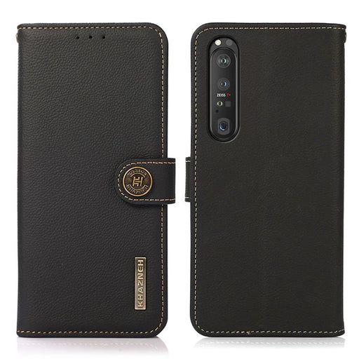 KHAZNEH Textured Genuine Leather Phone Shell Case with RFID Anti-theft Swiping Design for Sony Xperia 1 III 5G - Blue - 1