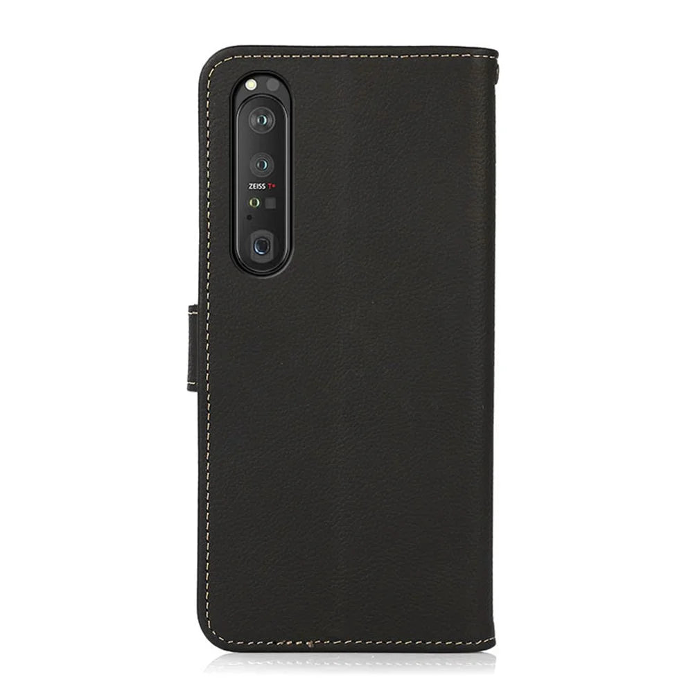KHAZNEH Textured Genuine Leather Phone Shell Case with RFID Anti-theft Swiping Design for Sony Xperia 1 III 5G - Blue - 7