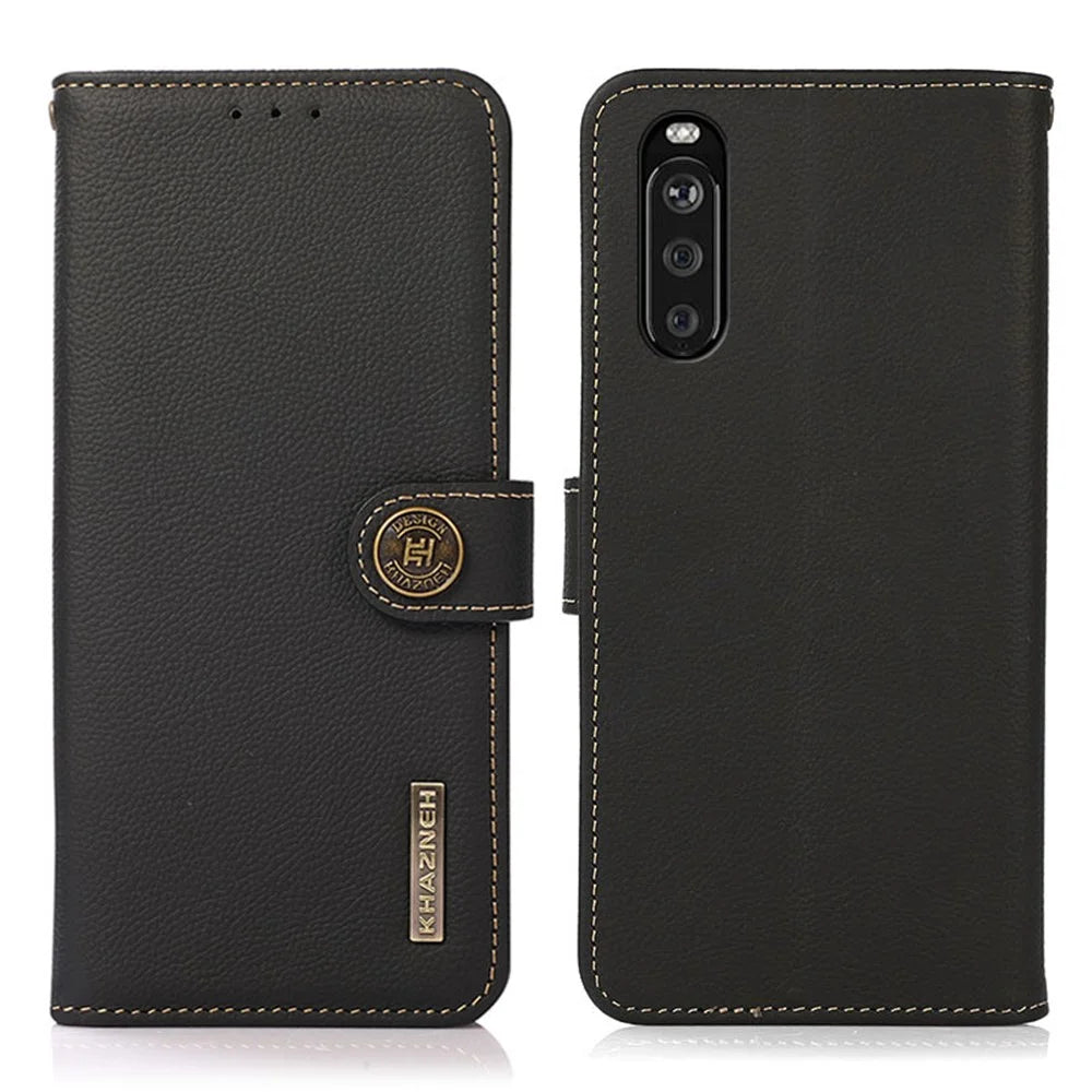 KHAZNEH Textured Genuine Leather Cell Phone Covering Case with RFID Anti-theft Swiping Design for Sony Xperia 10 III 5G / Xperia 10 III Lite - Black - 1