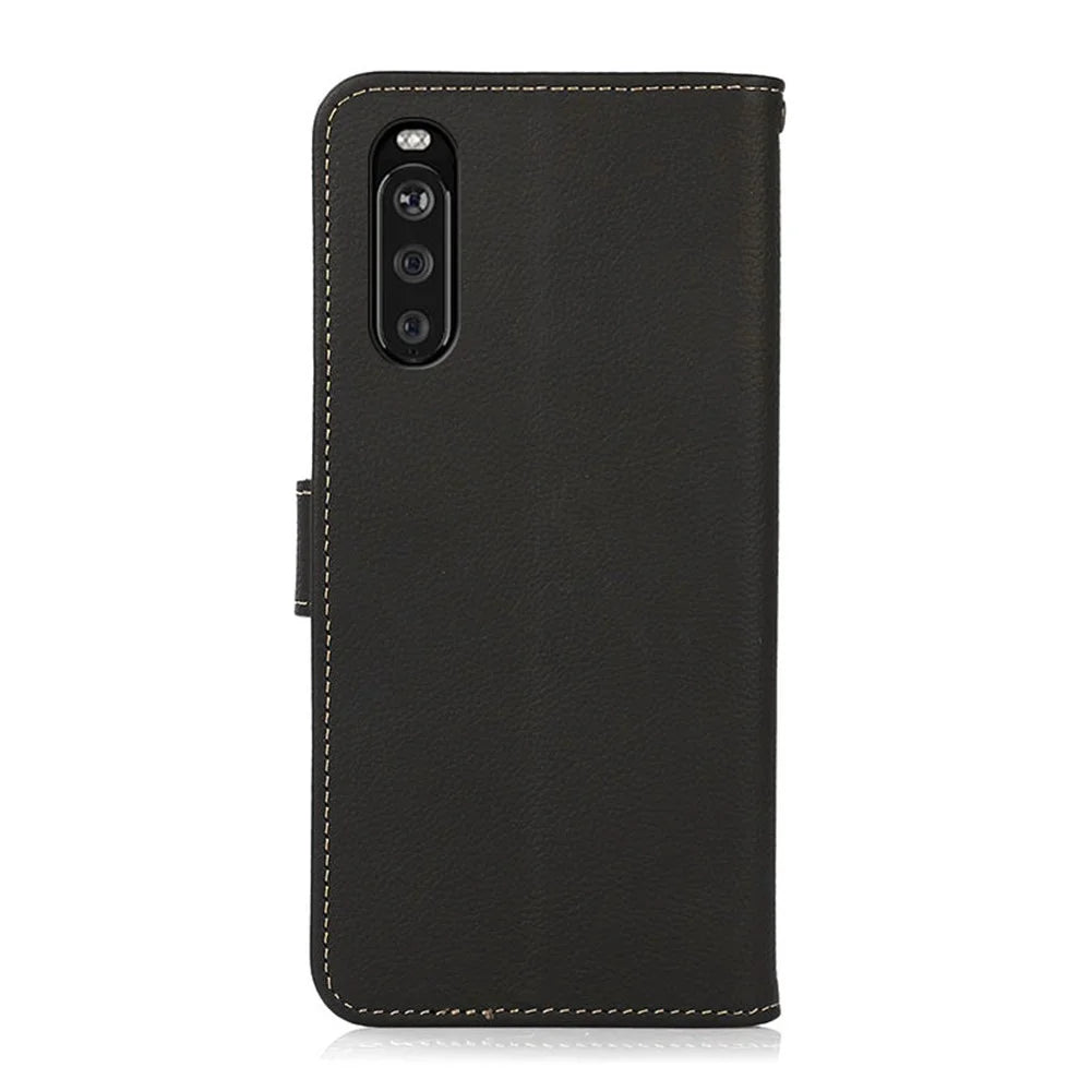 KHAZNEH Textured Genuine Leather Cell Phone Covering Case with RFID Anti-theft Swiping Design for Sony Xperia 10 III 5G / Xperia 10 III Lite - Black - 7