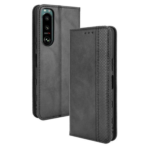 Vintage Style Leather Cover Stand Wallet Phone Case for Sony Xperia 5 III 5G - Black - 1