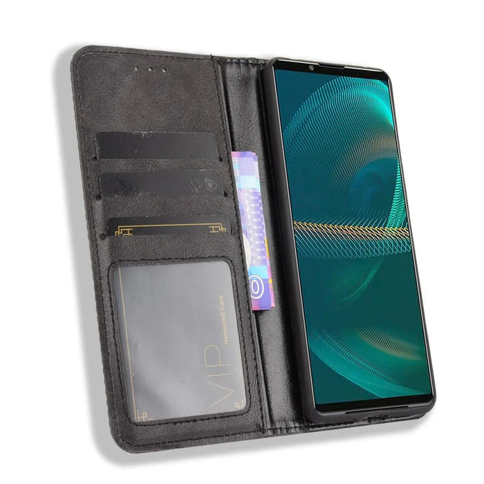Vintage Style Leather Cover Stand Wallet Phone Case for Sony Xperia 5 III 5G - Black - 5