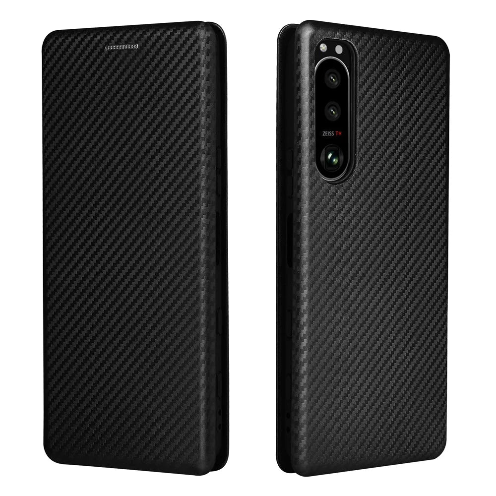 Stand Phone Cover for Sony Xperia 5 III 5G Carbon Fiber Texture Auto-absorbed Cell Phone Case - Black - 1