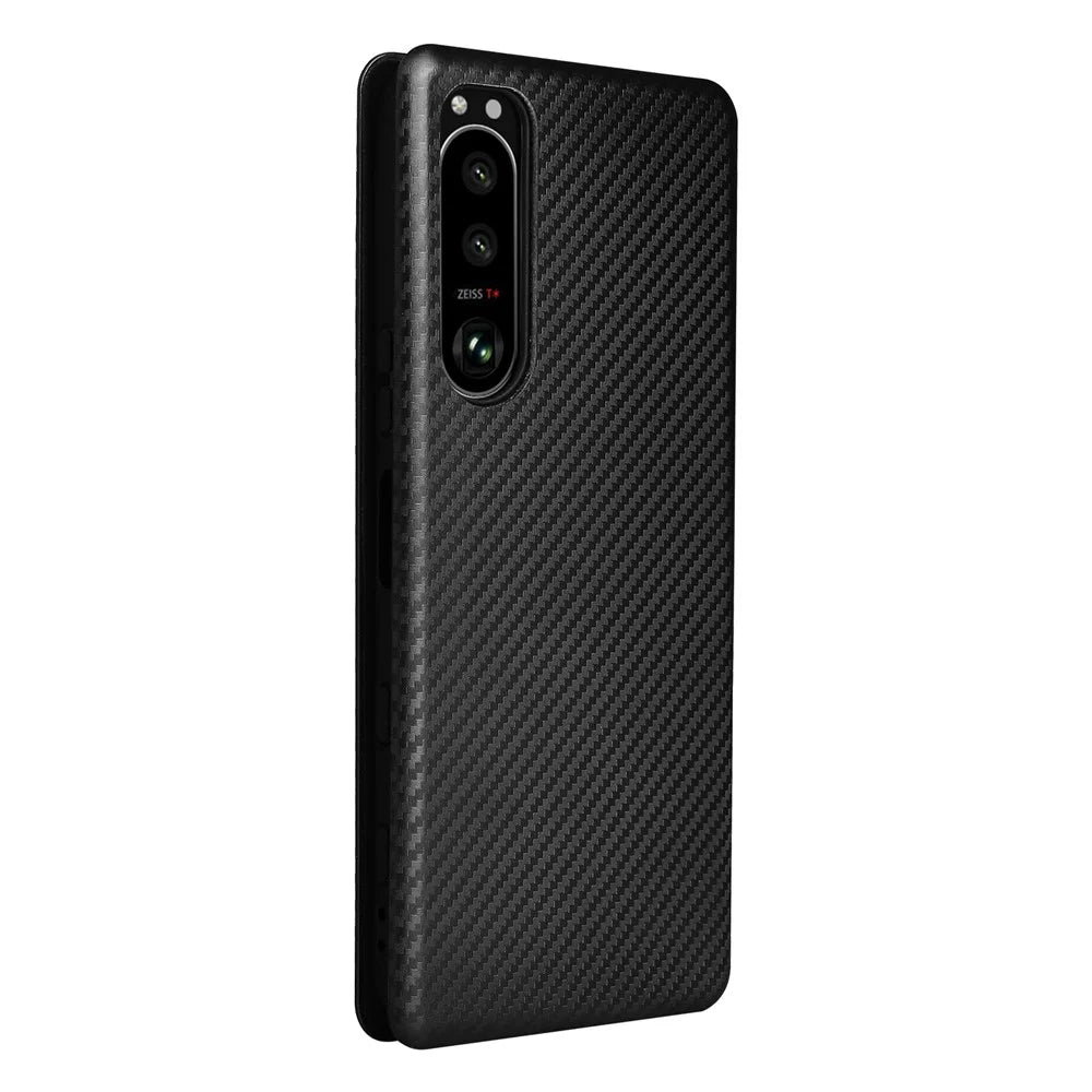 Stand Phone Cover for Sony Xperia 5 III 5G Carbon Fiber Texture Auto-absorbed Cell Phone Case - Black - 3