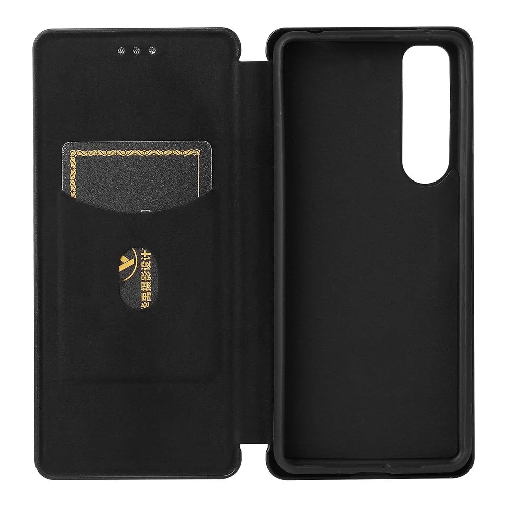 Stand Phone Cover for Sony Xperia 5 III 5G Carbon Fiber Texture Auto-absorbed Cell Phone Case - Black - 5