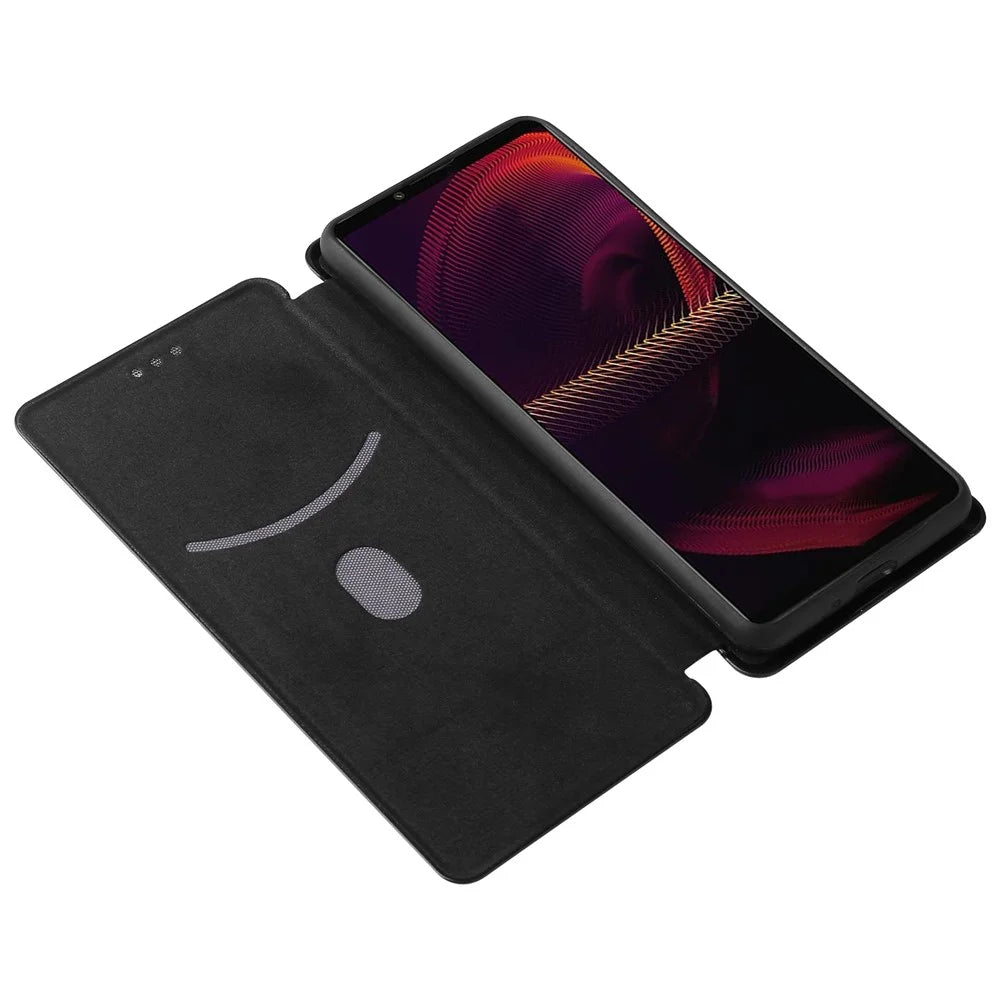 Stand Phone Cover for Sony Xperia 5 III 5G Carbon Fiber Texture Auto-absorbed Cell Phone Case - Black - 6