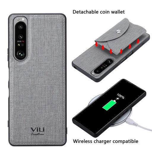 VILI T Series Leather Skin TPU Shell with Movable Magnetic-Absorbed Wallet for Sony Xperia 1 III 5G - Grey - 2