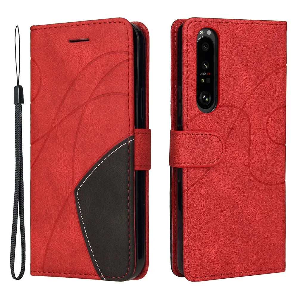 For Sony Xperia 1 III 5G Leather Case Wallet Stand Color Splicing Phone Cover - Red - 1