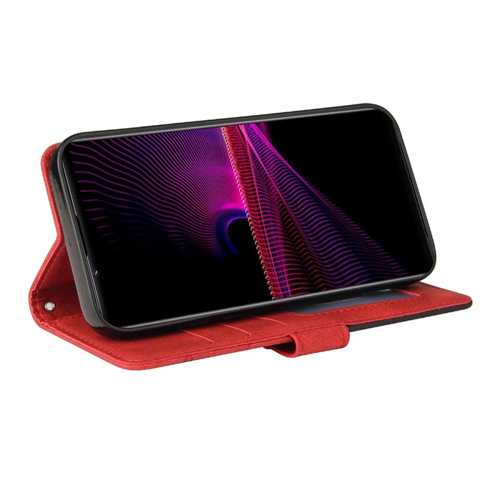 For Sony Xperia 1 III 5G Leather Case Wallet Stand Color Splicing Phone Cover - Red - 5