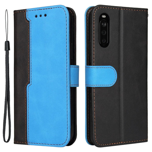 Two-Color Phone Case Leather Wallet Stand Case with Strap for Sony Xperia 10 III 5G / Xperia 10 III Lite - Blue - 1