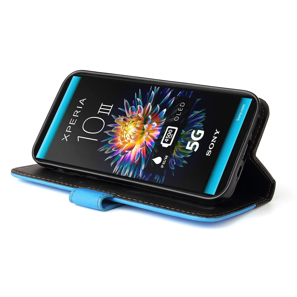 Two-Color Phone Case Leather Wallet Stand Case with Strap for Sony Xperia 10 III 5G / Xperia 10 III Lite - Blue - 4