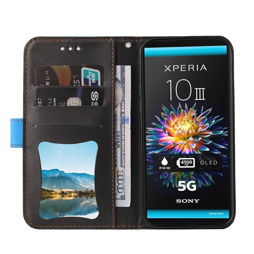 Two-Color Phone Case Leather Wallet Stand Case with Strap for Sony Xperia 10 III 5G / Xperia 10 III Lite - Blue - 5