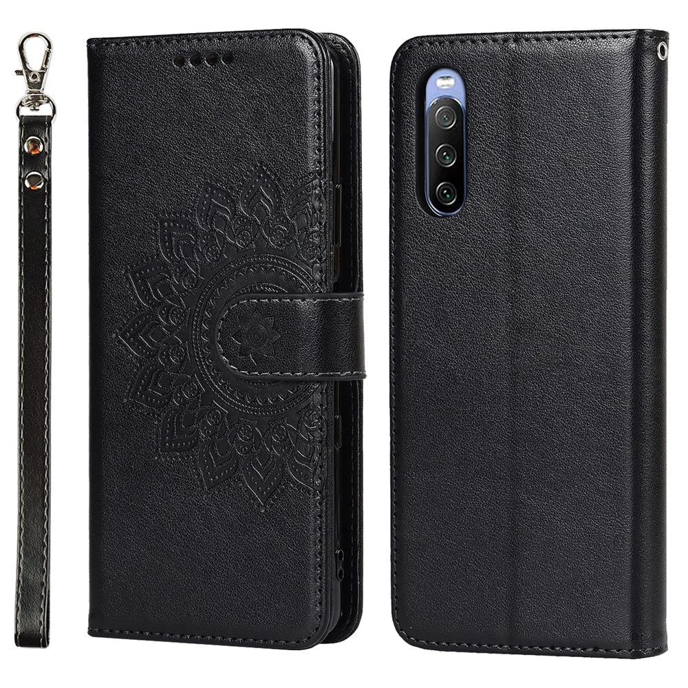 Fall-proof R61 Texture Pattern Imprinting Felled Seam Design PU Leather Wallet Phone Cover Shell for Sony Xperia 10 III 5G/Xperia 10 III Lite - Black - 1