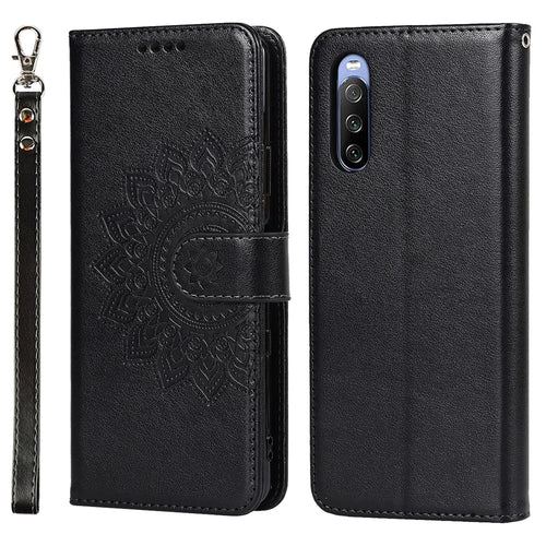 Fall-proof R61 Texture Pattern Imprinting Felled Seam Design PU Leather Wallet Phone Cover Shell for Sony Xperia 10 III 5G/Xperia 10 III Lite - Black - 1