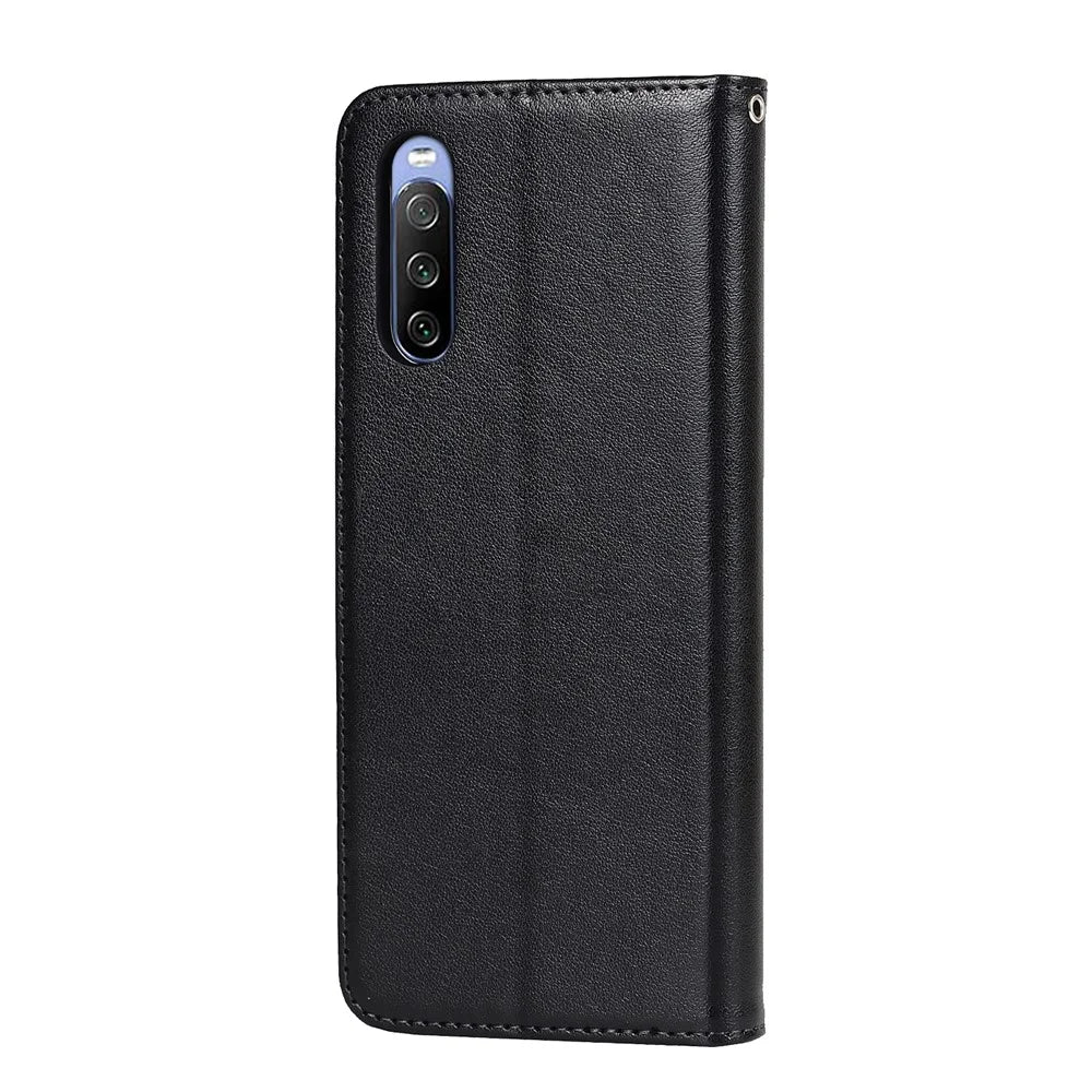 Fall-proof R61 Texture Pattern Imprinting Felled Seam Design PU Leather Wallet Phone Cover Shell for Sony Xperia 10 III 5G/Xperia 10 III Lite - Black - 3