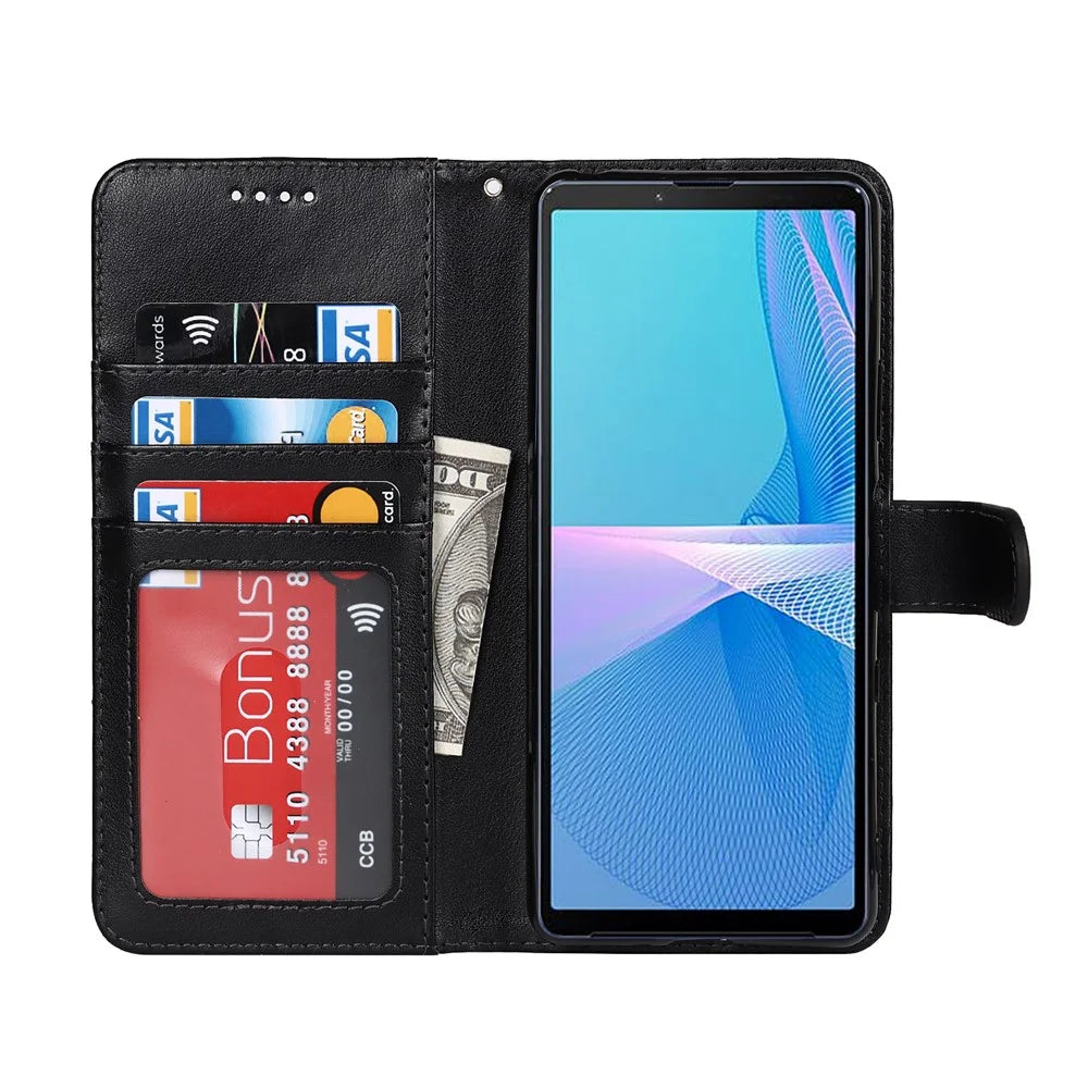 Fall-proof R61 Texture Pattern Imprinting Felled Seam Design PU Leather Wallet Phone Cover Shell for Sony Xperia 10 III 5G/Xperia 10 III Lite - Black - 4
