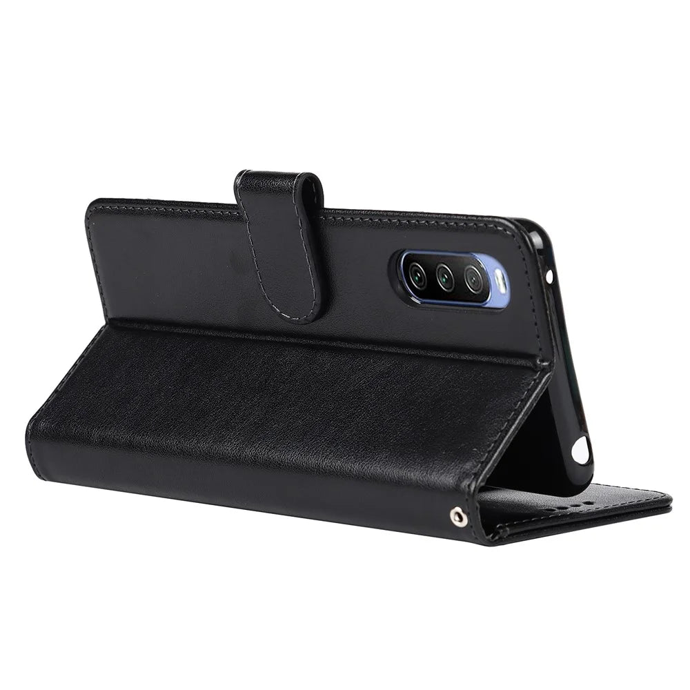 Fall-proof R61 Texture Pattern Imprinting Felled Seam Design PU Leather Wallet Phone Cover Shell for Sony Xperia 10 III 5G/Xperia 10 III Lite - Black - 6