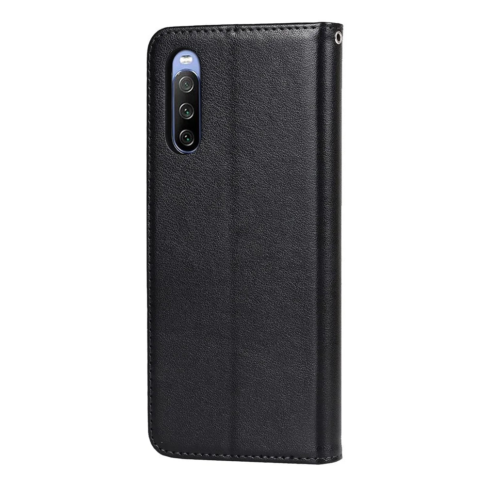 R61 Texture Felled Seam Phone Case PU Leather Anti-scratch Well-protected Wallet Stand Shell with Strap for Sony Xperia 10 III 5G/Xperia 10 III Lite - Black - 3