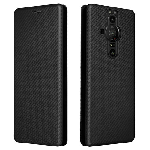 For Sony Xperia Pro-I Ring Strap Carbon Fiber Texture Case Well-protected Auto-absorbed Magnetic Closure Leather Phone Cover with Stand - Black - 1