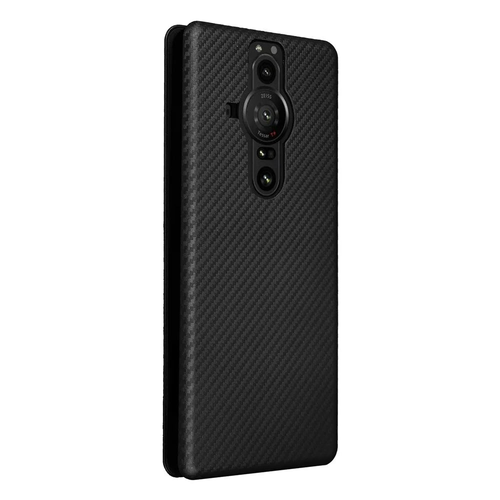 For Sony Xperia Pro-I Ring Strap Carbon Fiber Texture Case Well-protected Auto-absorbed Magnetic Closure Leather Phone Cover with Stand - Black - 3
