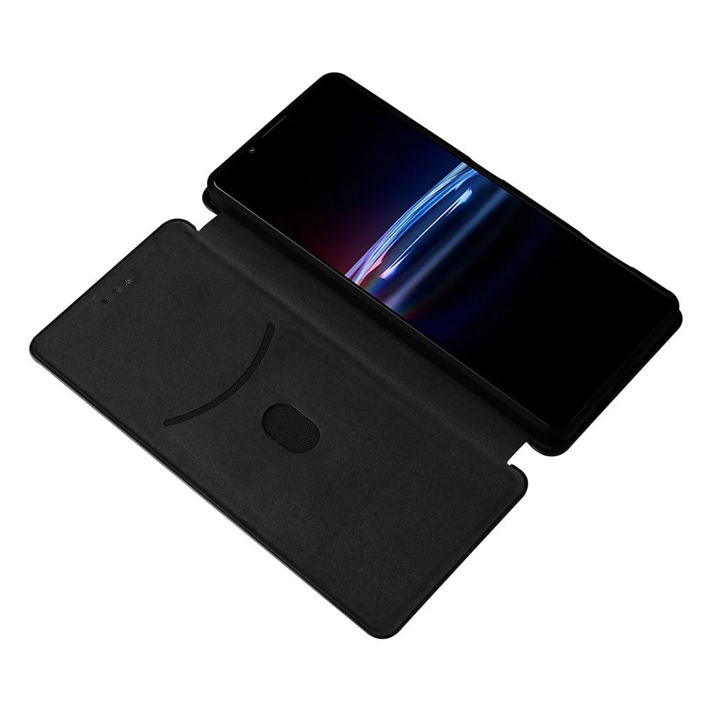 For Sony Xperia Pro-I Ring Strap Carbon Fiber Texture Case Well-protected Auto-absorbed Magnetic Closure Leather Phone Cover with Stand - Black - 5