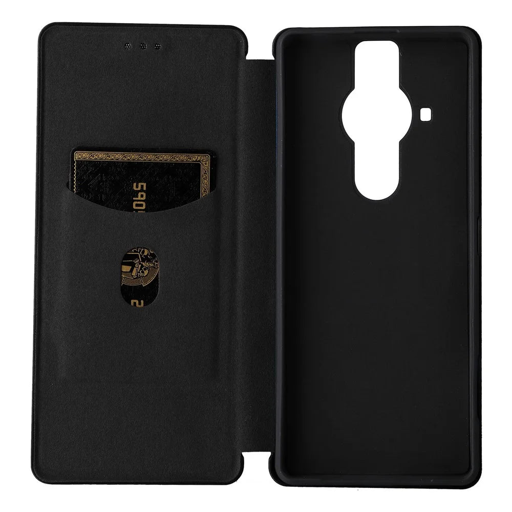 For Sony Xperia Pro-I Ring Strap Carbon Fiber Texture Case Well-protected Auto-absorbed Magnetic Closure Leather Phone Cover with Stand - Black - 7
