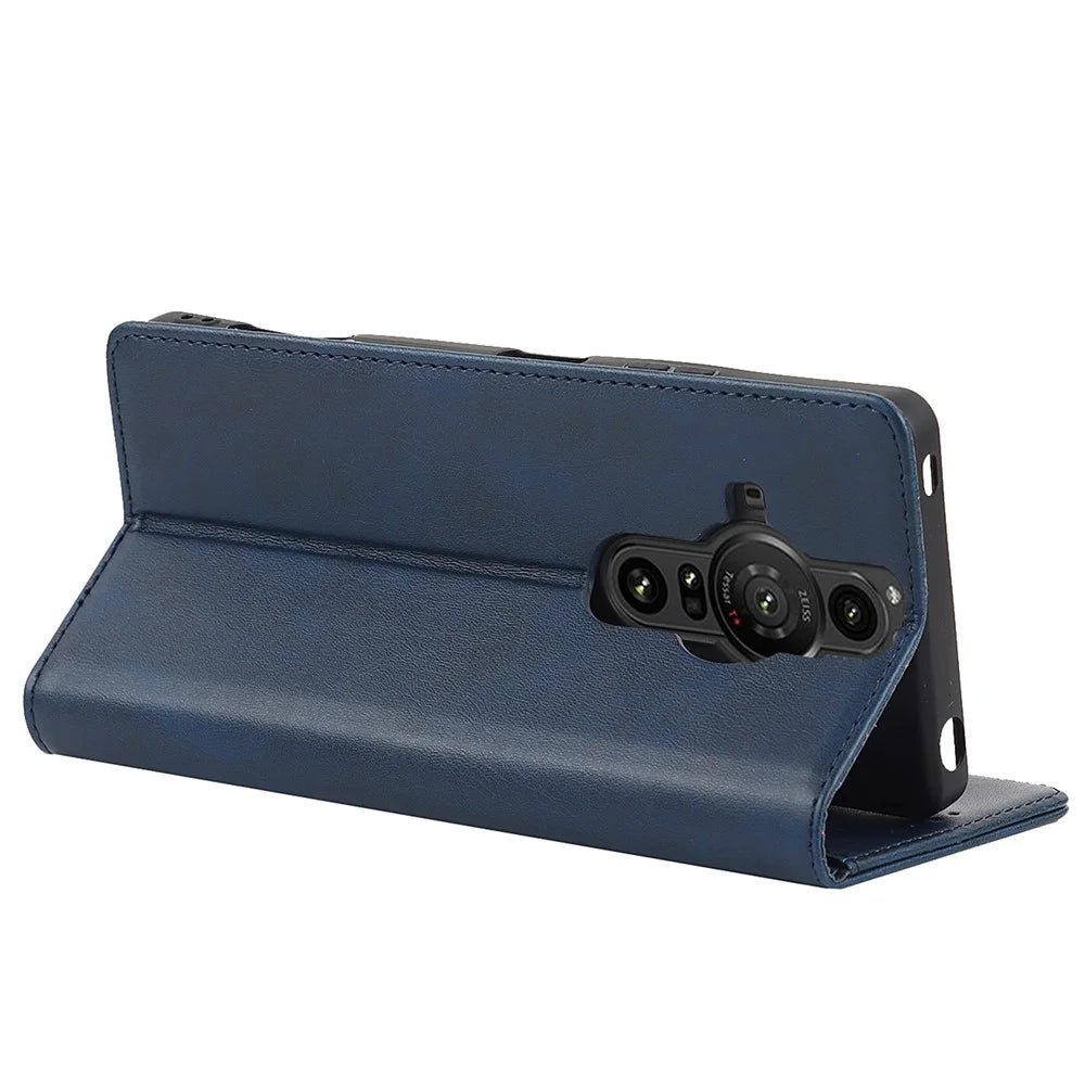 For Sony Xperia Pro-I Auto-absorbed TPU+PU Leather Phone Protective Cover Wallet Stand Function Phone Case - Dark Blue - 4