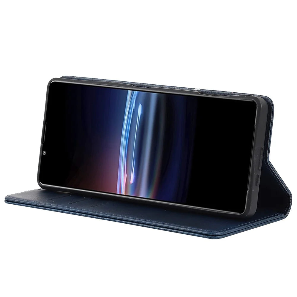 For Sony Xperia Pro-I Auto-absorbed TPU+PU Leather Phone Protective Cover Wallet Stand Function Phone Case - Dark Blue - 5