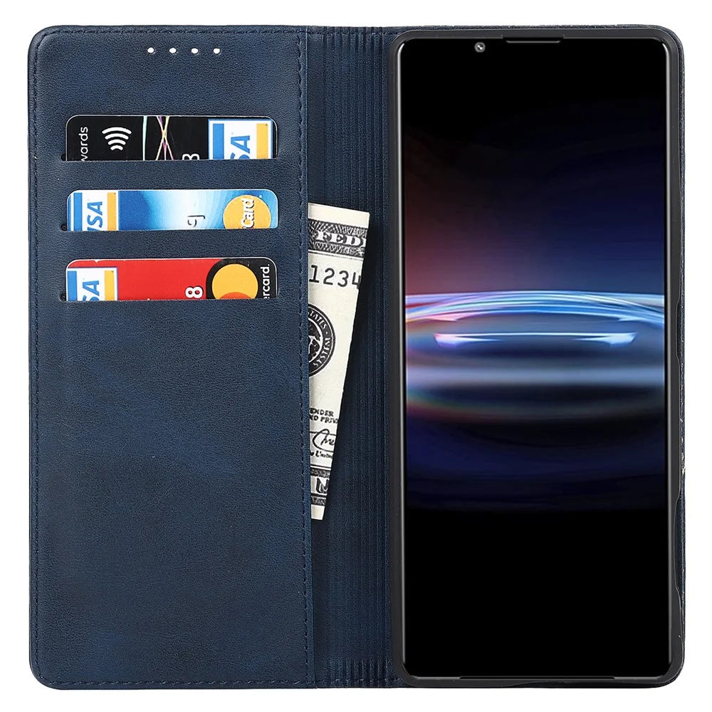 For Sony Xperia Pro-I Auto-absorbed TPU+PU Leather Phone Protective Cover Wallet Stand Function Phone Case - Dark Blue - 6