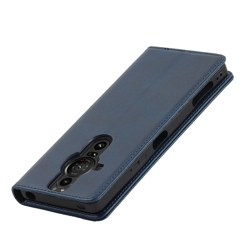 For Sony Xperia Pro-I Auto-absorbed TPU+PU Leather Phone Protective Cover Wallet Stand Function Phone Case - Dark Blue - 7