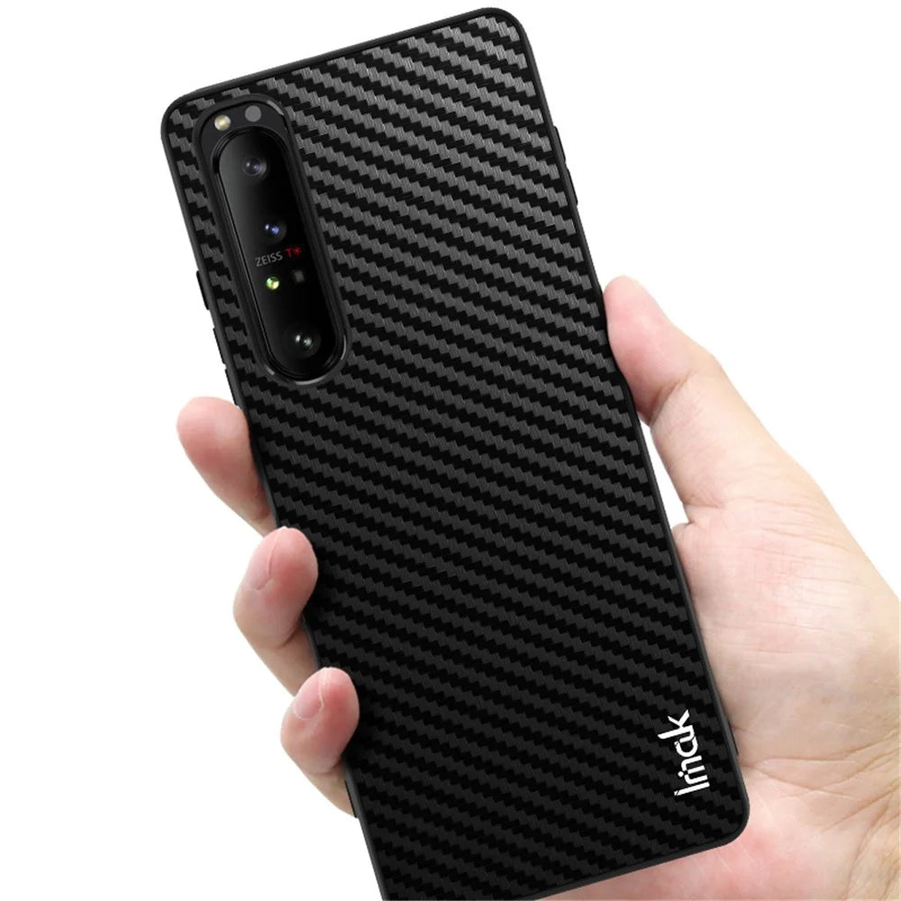 IMAK LX-5 Series PU Leather Coating Hard PC + Soft TPU Fall Protection Hybrid Cover Phone Case with Screen Protector for Sony Xperia 1 III 5G - Carbon Fiber Texture - 5