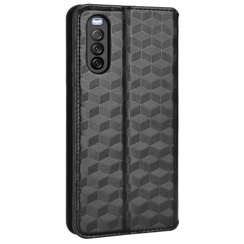 For Sony Xperia 10 III 5G/Xperia 10 III Lite Adjustable Stand Rhombus Imprinted Case Magnetic Closure Anti-scratch Shockproof PU Leather Wallet Mobile Phone Cover - Black - 3