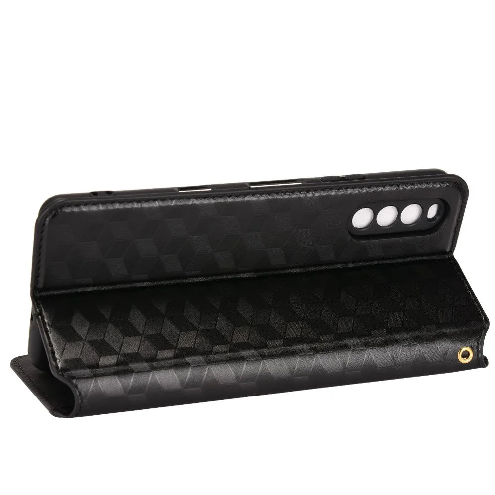 For Sony Xperia 10 III 5G/Xperia 10 III Lite Adjustable Stand Rhombus Imprinted Case Magnetic Closure Anti-scratch Shockproof PU Leather Wallet Mobile Phone Cover - Black - 4
