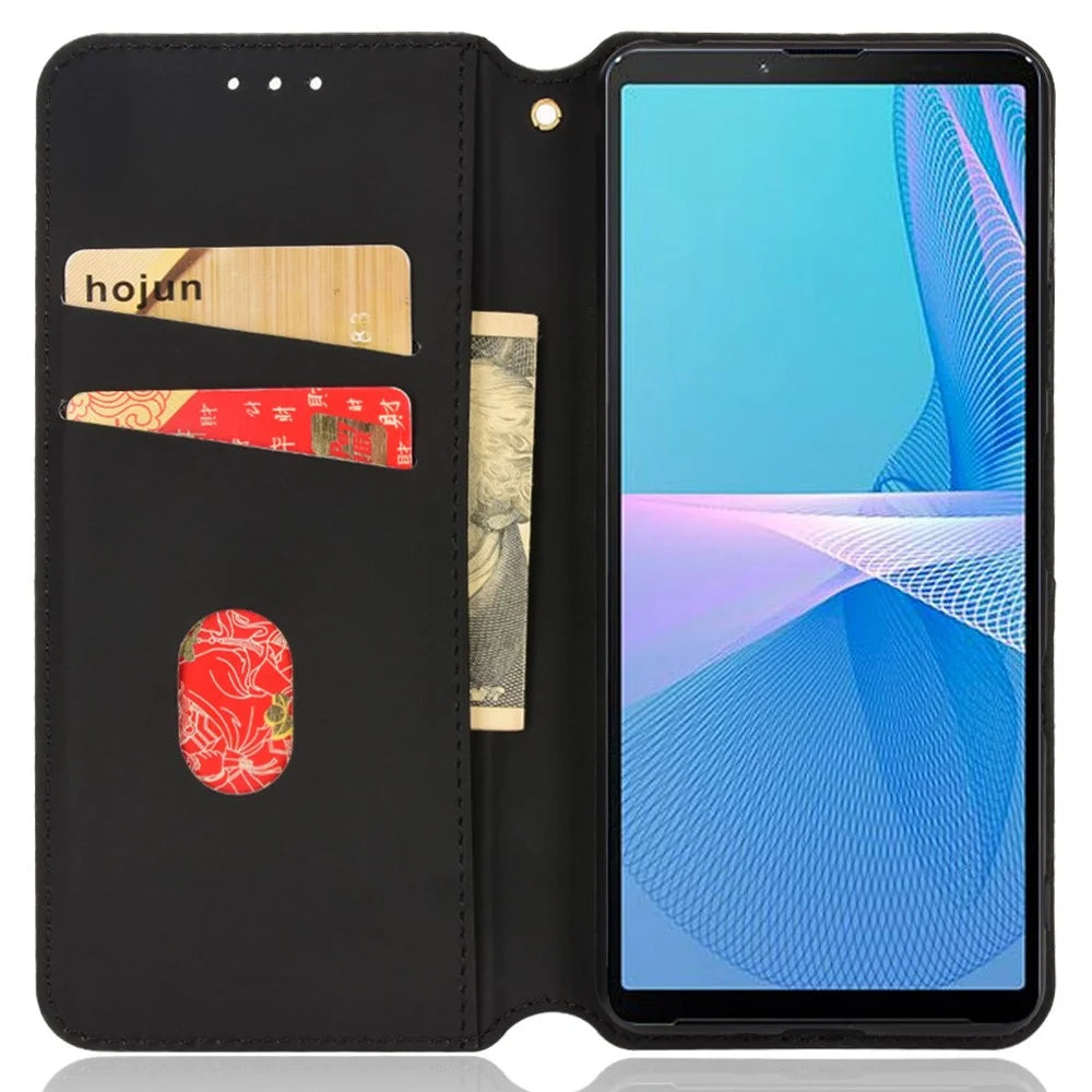 For Sony Xperia 10 III 5G/Xperia 10 III Lite Adjustable Stand Rhombus Imprinted Case Magnetic Closure Anti-scratch Shockproof PU Leather Wallet Mobile Phone Cover - Black - 5