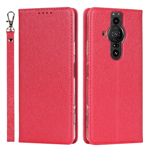 For Sony Xperia Pro-I PU Leather Magnetic Absorption Case Silk Texture Full Protection Stand Flip Folio Wallet Cover with Strap - Red - 1